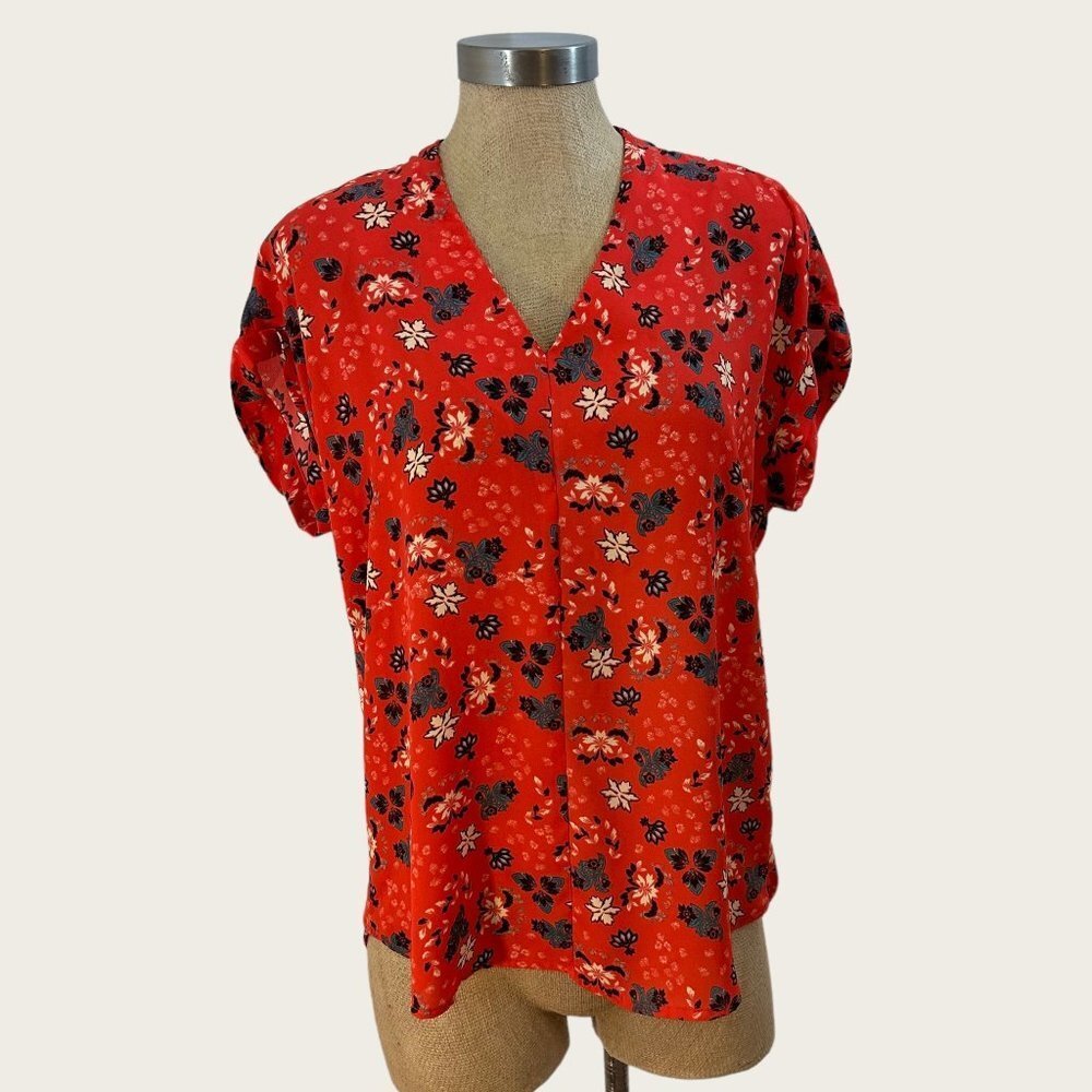 PLEIONE Red Floral V-Neck Blouse XS
